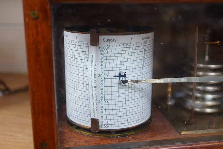 A late 19th century mahogany cased barograph by Wilson, Warden & Co. Ltd., London, No.4839/45, with hinged lid and integrated pen drawer to the base, 32cm wide, 20cm high, 16cm deep